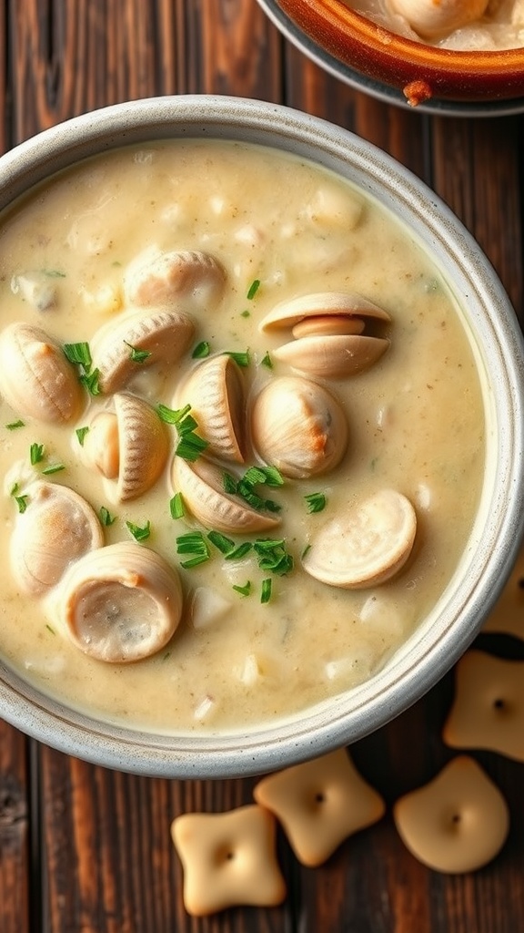 A bowl of creamy clam chowder with clams and parsley, served with oyster crackers on a rustic table.